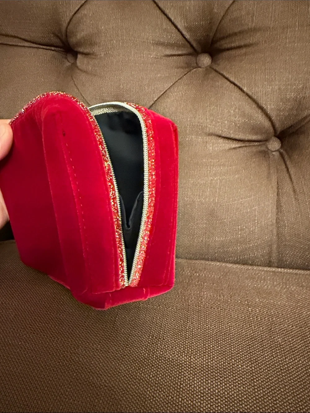 CHANEL Red Velvet Makeup Pouch with Gold Logo